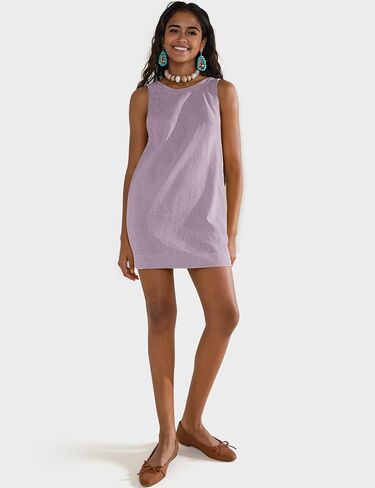 UEU Womens Summer Sleeveless Linen Mini Dress Casual Crew Neck Open Back Short Sundress with Pockets in Saudi Arabia