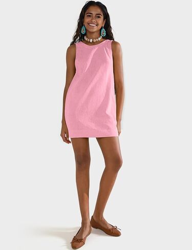 فستان نسائي صيفي قصير من الكتان بدون أكمام من UEU، كاجوال بياقة دائرية وظهر مفتوح وقصير مع جيوب in Kuwait