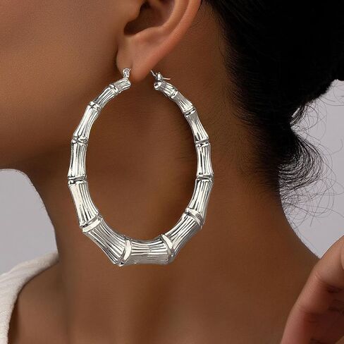 Gold Bamboo Earrings for Women Silver 90s Large Hoop Bamboo Earrings Hip Hop Statement Jewelry Gifts in Saudi Arabia