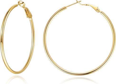 Jewlpire 14K Gold Plated 925 Sterling Sliver Post Hoop Earrings, 2MM Thick Hoop earrings Lightweight Large Gold Hoop Earrings for Women Trendy 20/30/40/50/60/70mm in Kuwait