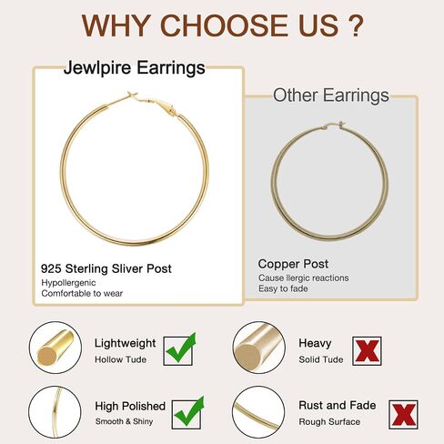 Jewlpire 14K Gold Plated 925 Sterling Sliver Post Hoop Earrings, 2MM Thick Hoop earrings Lightweight Large Gold Hoop Earrings for Women Trendy 20/30/40/50/60/70mm in Kuwait