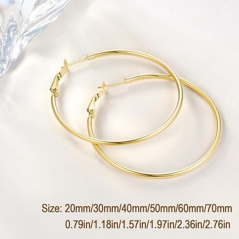 Jewlpire 14K Gold Plated 925 Sterling Sliver Post Hoop Earrings, 2MM Thick Hoop earrings Lightweight Large Gold Hoop Earrings for Women Trendy 20/30/40/50/60/70mm in Kuwait