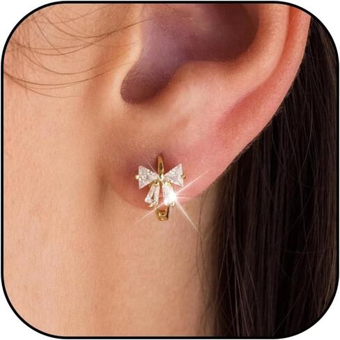 Dainty Bow Earrings for Women Rhinestone Gold Bow Earrings Ribbon Bow Huggies Hoop Earrings Christmas Stocking Stuffers in Saudi Arabia