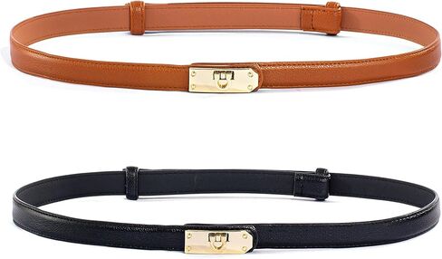 FAN&LOUIS Brown Belt Women, Skinny Waist Belt Ladies Adjustable Black Leather Belt with Gold Buckle for Dress,Jeans,and Coats in Saudi Arabia