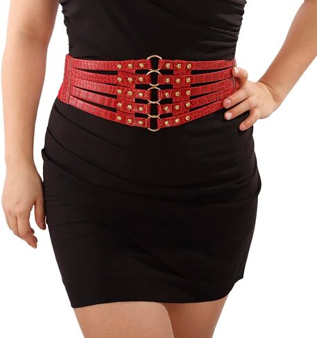 Jumwrit Pu Leather Wide Waist Belt Layered Hollow Out Rivets Cinch Belt Fashion Dress Tied Corset Elastic Stretch Waistband in Kuwait