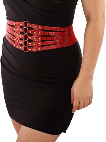 Jumwrit Pu Leather Wide Waist Belt Layered Hollow Out Rivets Cinch Belt Fashion Dress Tied Corset Elastic Stretch Waistband in Kuwait