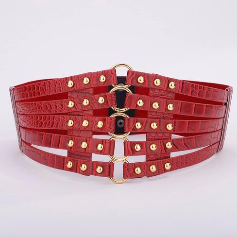 Jumwrit Pu Leather Wide Waist Belt Layered Hollow Out Rivets Cinch Belt Fashion Dress Tied Corset Elastic Stretch Waistband in Kuwait