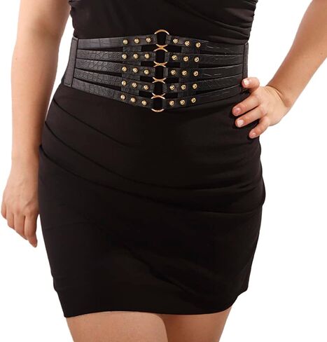 Jumwrit Pu Leather Wide Waist Belt Layered Hollow Out Rivets Cinch Belt Fashion Dress Tied Corset Elastic Stretch Waistband in Kuwait