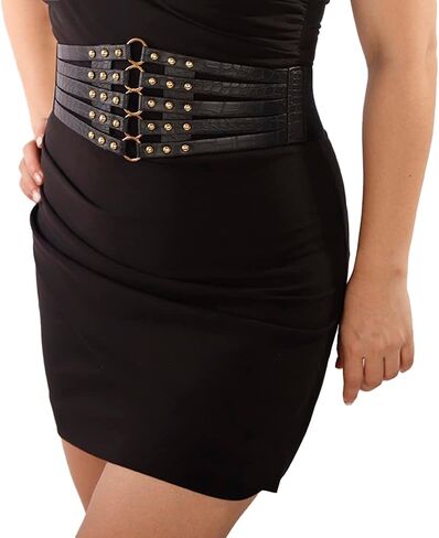 Jumwrit Pu Leather Wide Waist Belt Layered Hollow Out Rivets Cinch Belt Fashion Dress Tied Corset Elastic Stretch Waistband in Kuwait