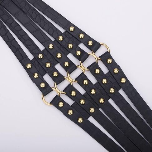 Jumwrit Pu Leather Wide Waist Belt Layered Hollow Out Rivets Cinch Belt Fashion Dress Tied Corset Elastic Stretch Waistband in Kuwait