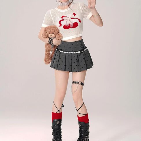 Women Kawaii Gothic Casual Style Zipper Vintage White Lace Trim Bow-Knot Print Grey Pleated Short Skirt in Saudi Arabia