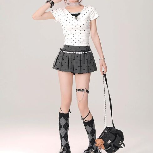 Women Kawaii Gothic Casual Style Zipper Vintage White Lace Trim Bow-Knot Print Grey Pleated Short Skirt in Saudi Arabia