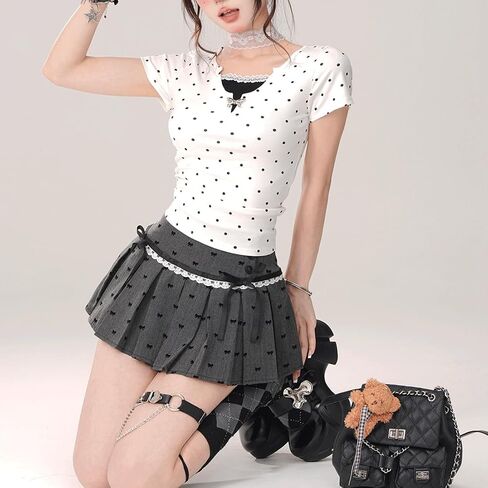 Women Kawaii Gothic Casual Style Zipper Vintage White Lace Trim Bow-Knot Print Grey Pleated Short Skirt in Saudi Arabia