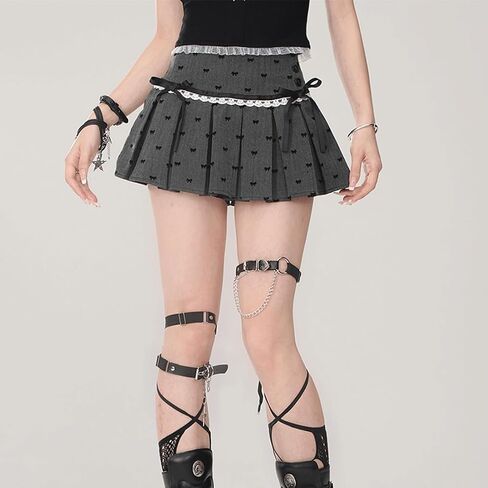 Women Kawaii Gothic Casual Style Zipper Vintage White Lace Trim Bow-Knot Print Grey Pleated Short Skirt in Saudi Arabia