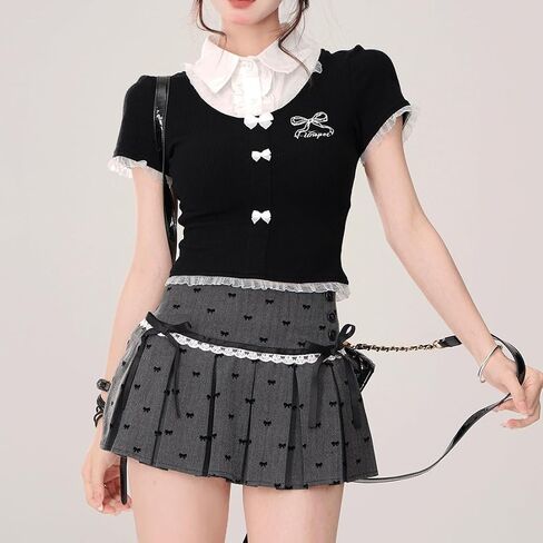Women Kawaii Gothic Casual Style Zipper Vintage White Lace Trim Bow-Knot Print Grey Pleated Short Skirt in Saudi Arabia