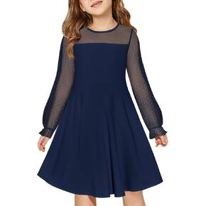 Haloumoning Girls Contrast Mesh Long Sleeve High Waist A Line Short Dress with Pockets 4-14 Years