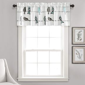 Lush Decor Rowley Birds Light Filtering Valance, Single Panel, 52" W x 18" L, Blue & Gray - Colorful Floral Bird Pattern - Whimsical & Playful Bird Curtain - Farmhouse, Coastal, & Boho Window Decor
