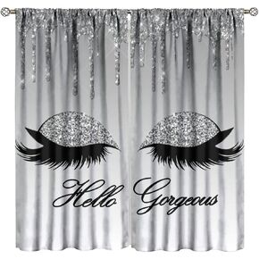 Eyelash Blackout Curtains Modern Luxury Silver Glitter Eyelash Twinkle Drips Light Grey Fashion Abstract Art Bedroom Living Room Rod Pocket Decoration Window Drapes 2 Panels W21xL45in