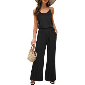 OUGES Womens 2024 Casual Sleeveless Jumpsuits Spaghetti Strap Loose Romper Long Pants with Pockets