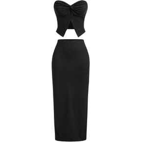 GORGLITTER Women's 2 Piece Skirt Set Twist Ruched Strapless Top and Long Bodycon Maxi Skirt Going Out Outfits
