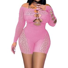 MOEENCN Sexy Off Shoulder Jumpsuit for Women Summer Sheer Mesh Bodycon Leopard Long Sleeve Rompers Party Club Streetwear