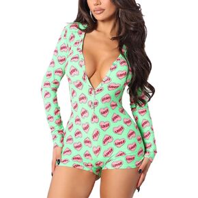 Women's Fashion Holiday Bodycon Romper Long-Sleeve V-Neck Button Down Shorts Jumpsuit One-Piece Pajamas