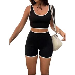 WDIRARA Women's 2 Piece Color Block Scoop Neck Sleeveless Tops and Shorts Tummy Control Outfits Set
