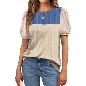 HDLTE Womens Color Block Puff Short Sleeve Tops Crewneck Knitted Blouse Spring Summer Casual Loose T Shirts
