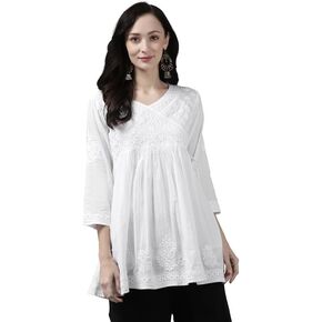 Ada Hand Embroidered Indian Chikankari White Cotton A-line Top Tunic Kurti for Women A911159