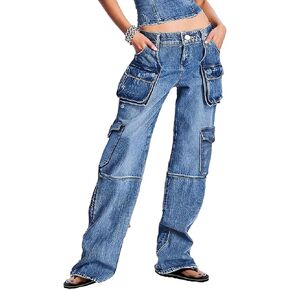 Flamingals Women's Straight Leg Cargo Jeans Low Waist Multi Pocket Baggy Cargo Jeans