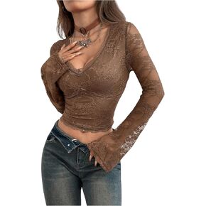 SOLY HUX Women's Y2k Crop Tops Lace Sheer Fall Tee V Neck Bell Long Sleeve T Shirt