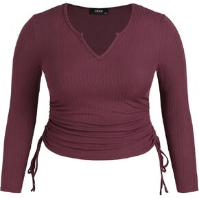 CIDER Women’s Plus Size Long Sleeve Shirts V Neck Drawstring Side Cute Fitted Tops Basic Tee