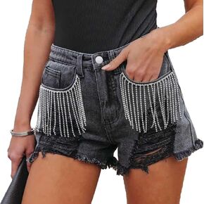 Women High Rise Ripped Denim Shorts Casual Stretch Tassels Raw Hem Jean Shorts