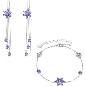 925 Sterling Silver Flower Crystal Earrings and Bracelet Jewelry Set Birthday Gifts for Women Girls