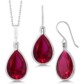 Gem Stone King 925 Sterling Silver Pear Shape Red Created Ruby Pendant and Earring Set For Women (28.86 Cttw, with 18 Inch Silver Chain)