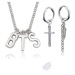 Kpop Pendant B.T.S Necklace and Feather Earring and Cross Earring for Men Women Teen with Mini Cloth and Mini Box