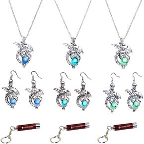 AlterImage Fiery Dragon Wings of Fire Necklace & Earrings Set Glow in The Dark 3 Luminous Jewelry Green Blue & Sky Blue w/UV Lights