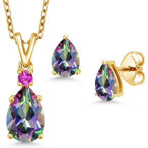 Gem Stone King 18K Yellow Gold Plated Silver Green Mystic Topaz and Pink Sapphire Pendant and Earrings Jewelry Set For Women (4.37 Cttw, Pear Shape 10X7MM and 7X5MM, with 18 Inch Chain)
