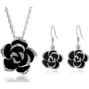 Black Rose Camellia Flower Jewelry Sets, Black Camellia Rhinestone Necklace Earrings Jewelry Set Rose Flower Necklace Earring Camellia Jewelry Bridal Wedding for Women