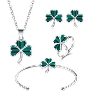 Shamrock St. Patrick's Day Necklace Earrings Ring Bracelet Jewelry Set Green Three Leaf Heart Clover Jewelry Gift for Women