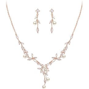 EVER FAITH Wedding Cubic Zirconia Jewelry Set for Women, Marquise White Simulated Pearl Floral Vine Necklace Earrings Set