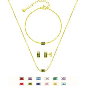 Birthstone Bracelet Necklace Earring Set for Women 18K Gold Plated Stainless Steel Birth Link Bracelet Pendant Studs Birthday Jewelry Gift for Mother and Daughter