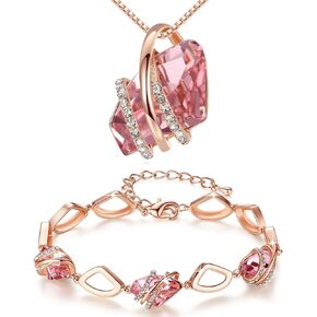 Leafael Wish Stone Necklace and Bracelet Jewelry Set for Women, October Birthstone Vintage Pink Crystal Jewelry, Silver Tone Gifts for Women