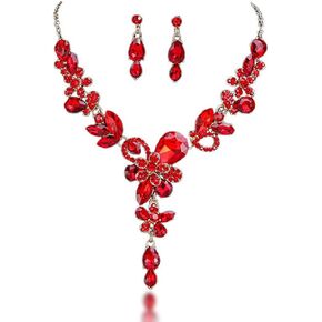 Rhinestone Crystal Bridal Necklace Floarl Art Deco Teardrop Collar Necklace Dangle Earrings Jewelry Set for Women