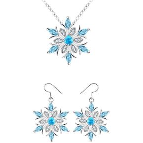 Rhinestone Snowflake Pendant Necklace with Earrings Blue Crystal Snow Flower Jewelry Set for Women Prom Wedding Bridals Jewelry Winter Festivels Necklace Earrings