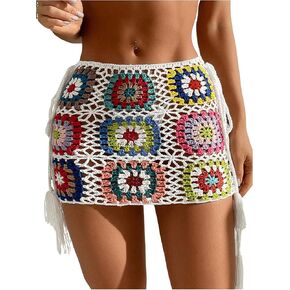 OYOANGLE Women's Floral Crochet Skirt Color Block Drawstring Side High Waist Mini Cover Ups