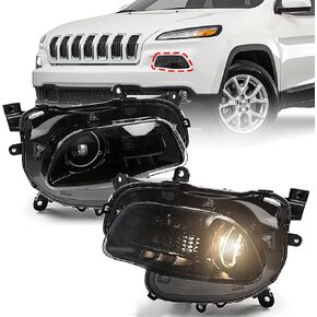 FIONE Headlight Assembly [HALOGEN MODEL] Compatible with Jeep Cherokee 2014-2018 Black Trim Headlamp Pair