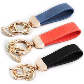 3PCS Leather Car Keychain Accessories Key Ring 360 Degree Rotatable Snap Swivel and Anti-Lost D-Ring Metal Key Chains for Men and Women(Orange,Blue,Black)