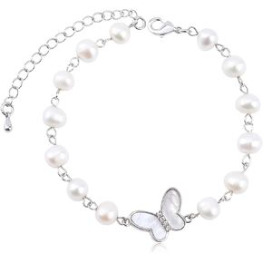Silver Butterfly Pearl Link Bracelet for Women Mother of Pearl Butterfly Charm Link Bracelet with Cubic Zirconia Natural Freshwater White Pearl Statement Bracelet Trendy Party Jewelry Gift for Women