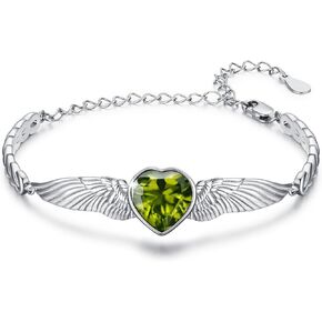 Women's Heart Bracelet Link Bracelets 12 Birthstone Bangle Charm S925 Sterling Silver Adjustable Bracelet Dainty Angel Wings Jewelry Gifts for Women Teen Girls